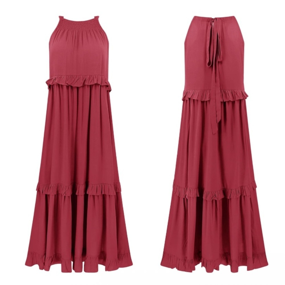 Burgundy Halter Tiered Maxi Dress Ruffle Boho Formal Wedding Guest Sz Small - Picture 2 of 8